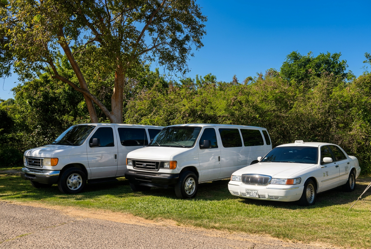 Manny’s two white passenger vans and taxi sedan in Puerto Rico