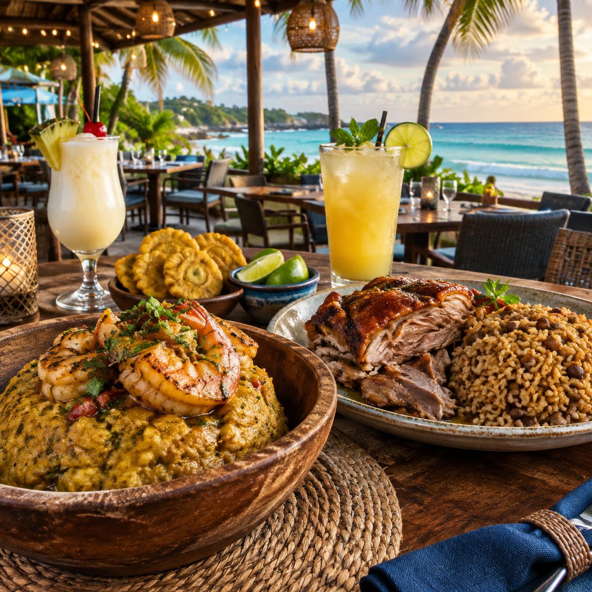 AI-created Puerto Rican food spread with mofongo, lechón and tropical drinks at a beachside restaurant