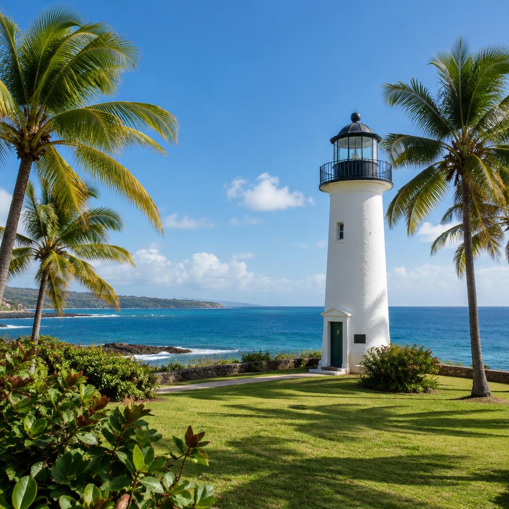 Illustrative view of a Rincón coastal lighthouse and palms