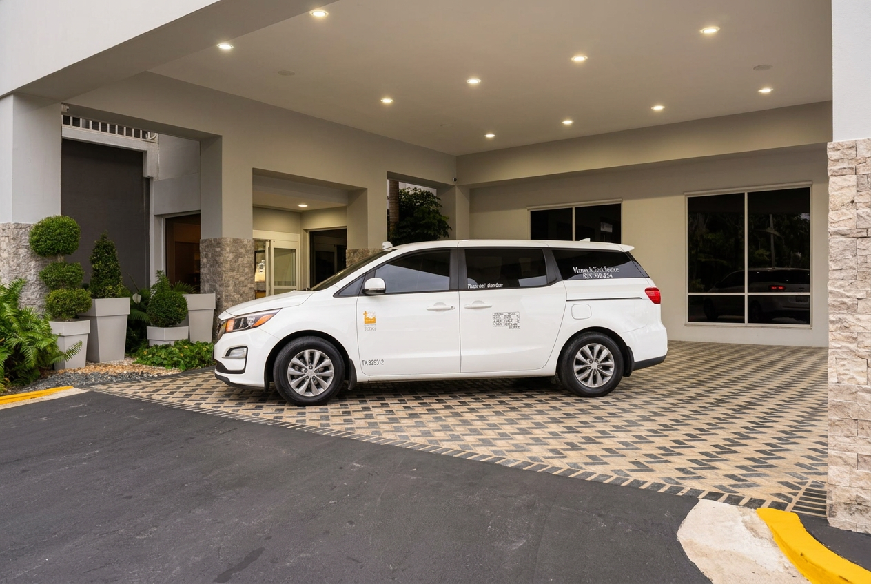 Manny’s white Kia taxi minivan at a covered hotel entrance